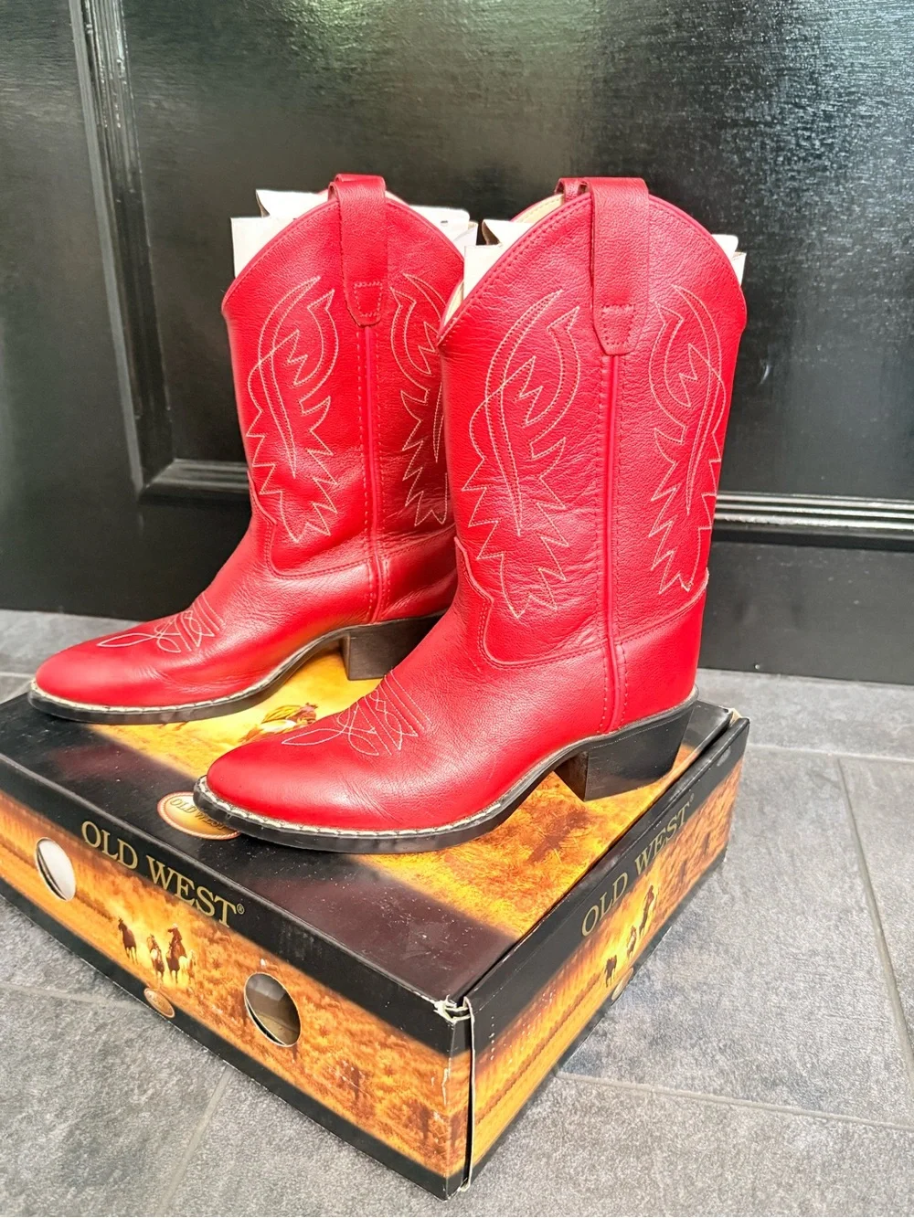 Old West Kids Red Leather Western Cowboy Boots Girls Size 3 EUC w/ Box